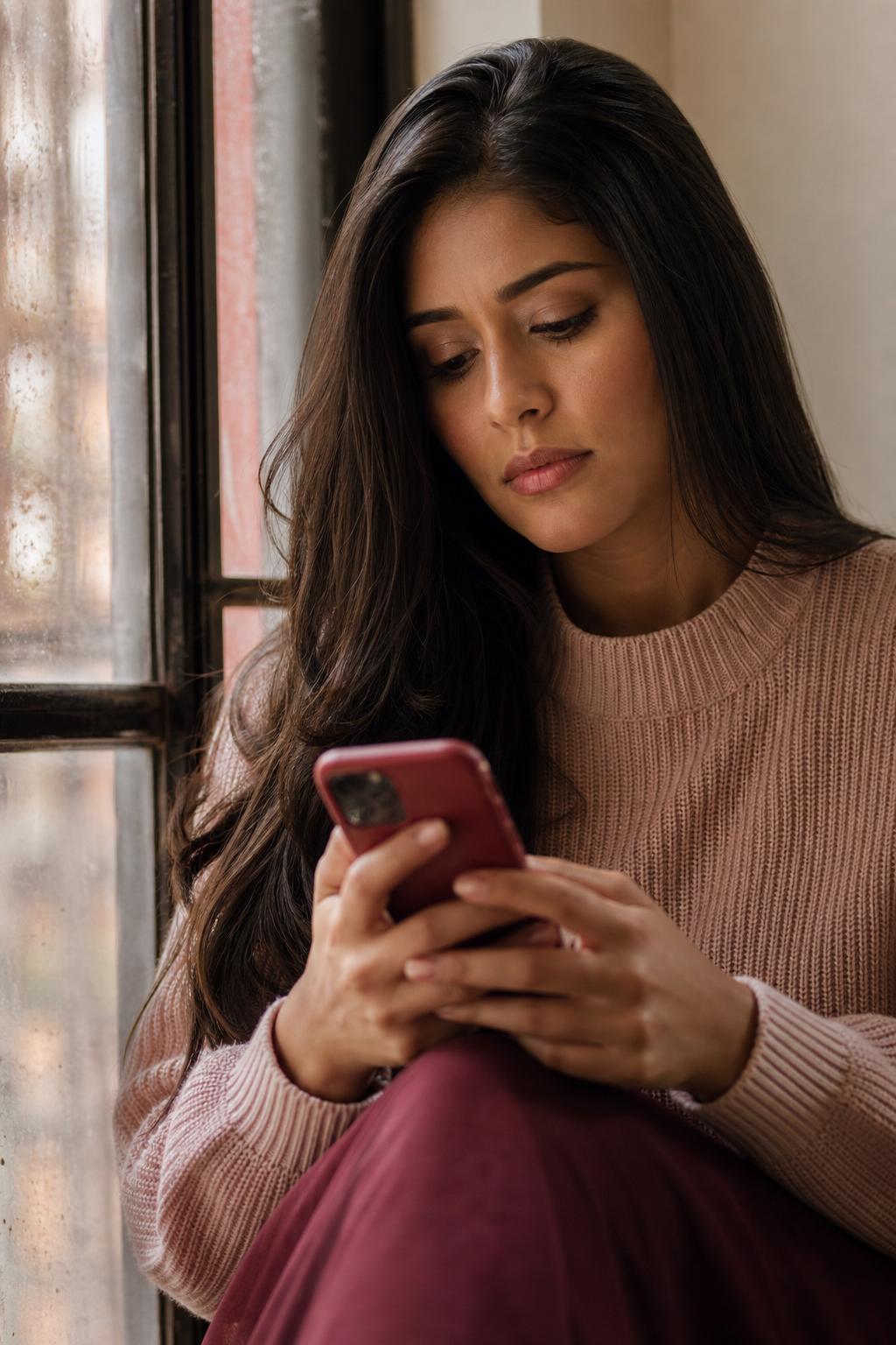 Mulher pensativa segurando o celular